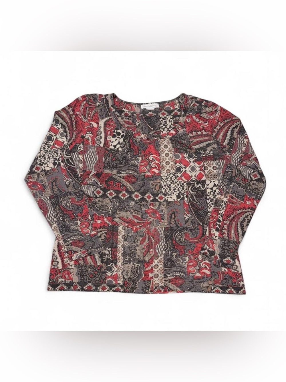 Liz Claiborne Red Paisley Patchwork Long Sleeve Top